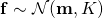 \begin{equation*} \mathbf{f} \sim \mathcal{N}(\mathbf{m}, K) \end{equation*}